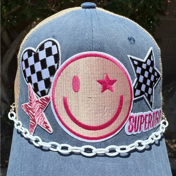 New Custom Blue Denim Cap with Smiley and Star Patches - Picture 4 of 4
